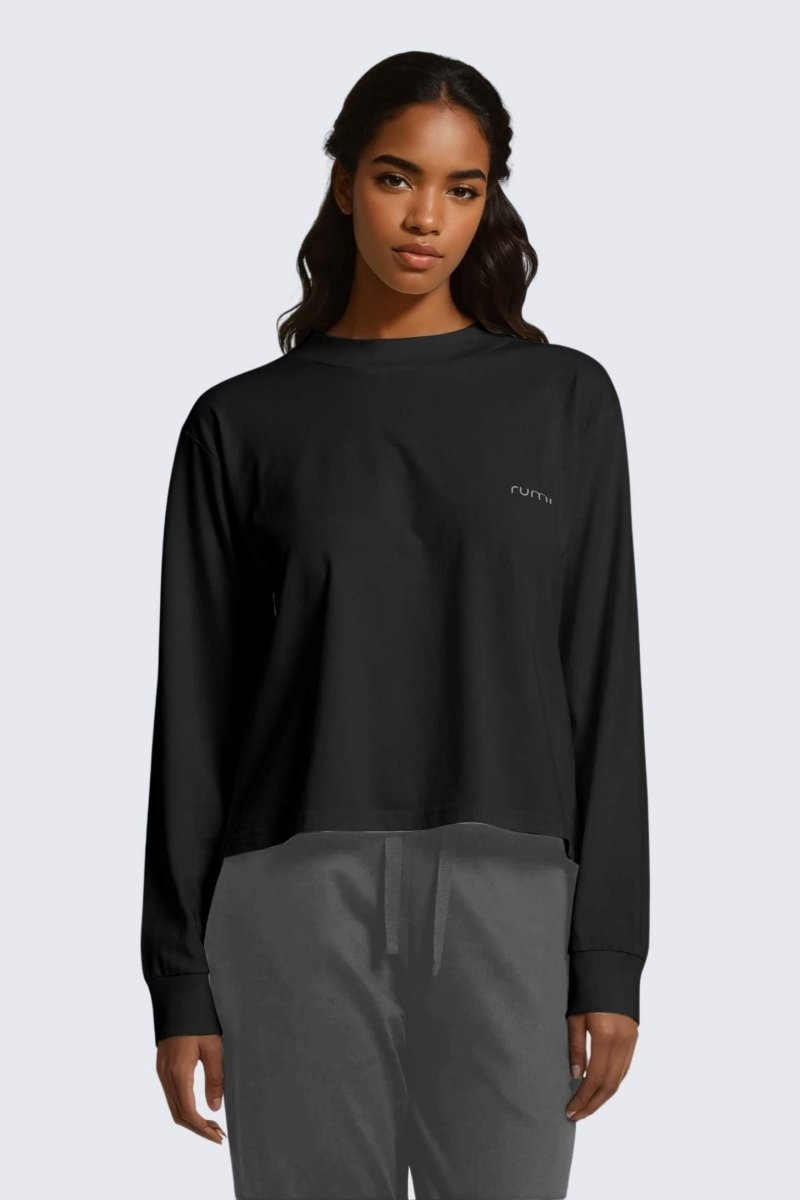 Rumi Earth - W Moon Tee Mock - Neck Long - Sleeve - Black - R111222BKP - Tops
