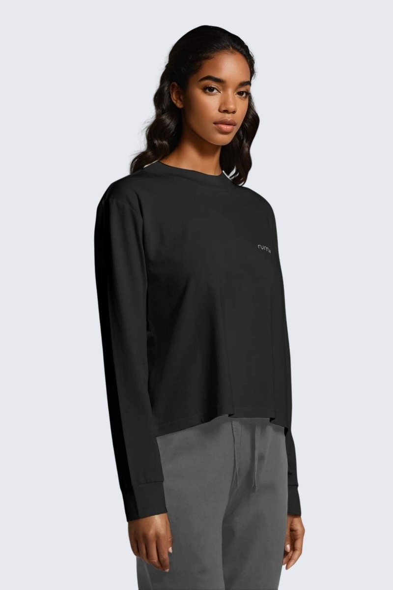 Rumi Earth - W Moon Tee Mock - Neck Long - Sleeve - Black - R111222BKP - Tops