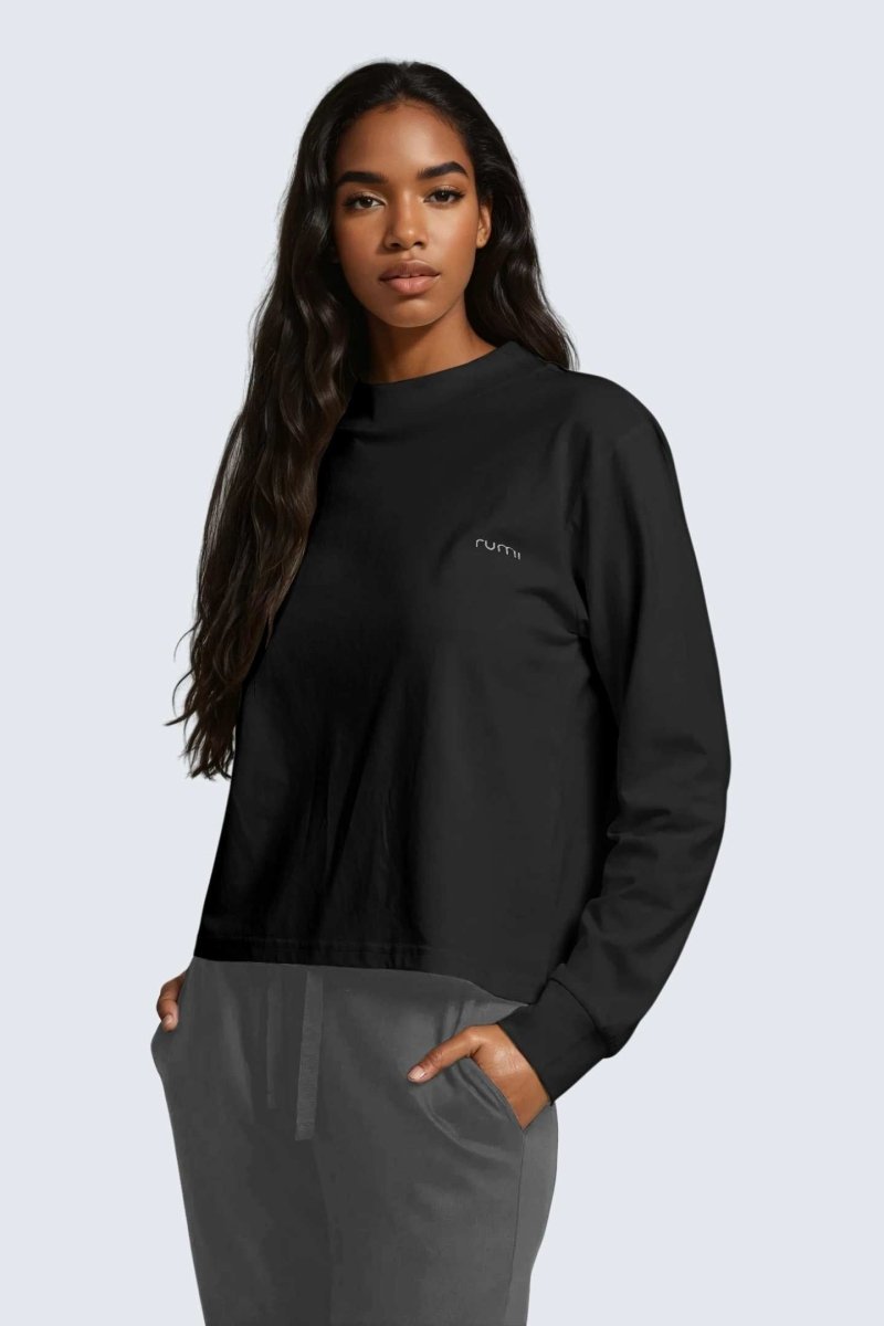 Rumi Earth - W Moon Tee Mock - Neck Long - Sleeve - Black - R111222BKP - Tops