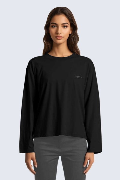 Rumi Earth - W Moon Tee Short Oversize Long - Sleeve - Black - R111124BKP - Tops